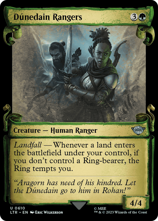 A Magic: The Gathering card titled "Dunedain Rangers [The Lord of the Rings: Tales of Middle-Earth Showcase Scrolls]." It shows two vigilant human rangers, one holding a bow and the other grasping a dagger. The card costs 3 and a green mana to cast. It's a 4/4 creature with a Landfall ability that involves a Ring-bearer and the Ring's temptation in Middle-Earth.