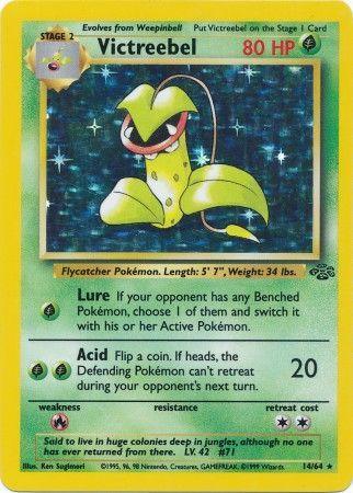 An image of a Victreebel (14/64) [Jungle Unlimited] card from the Pokémon set. It's a Grass type with 80 HP. The card has two attacks: Lure and Acid. Lure allows the player to switch the opponent's active Pokémon, and Acid inflicts 20 damage with no resistance. The Holo Rare card is the 14th in the series.