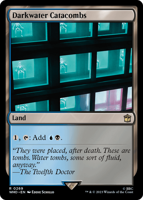 A Magic: The Gathering card named "Darkwater Catacombs [Doctor Who]." This rare land card adds either blue or black mana when tapped. The illustration showcases an eerie, teal-lit catacomb with water-filled tombs. A quote from "The Twelfth Doctor" is featured at the bottom, merging the worlds of Magic and Doctor Who.