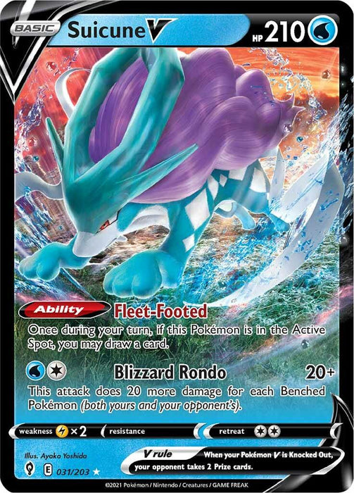 A Pokémon trading card featuring Suicune V (031/203) [Sword & Shield: Evolving Skies] from the Pokémon Sword & Shield: Evolving Skies set, with watercolor-style artwork. Suicune, a blue, quadrupedal Pokémon with a purple mane and crystal-like structures, is shown running on water. The Ultra Rare card has 210 HP and two moves: "Fleet-Footed" and "Blizzard Rondo." It is numbered