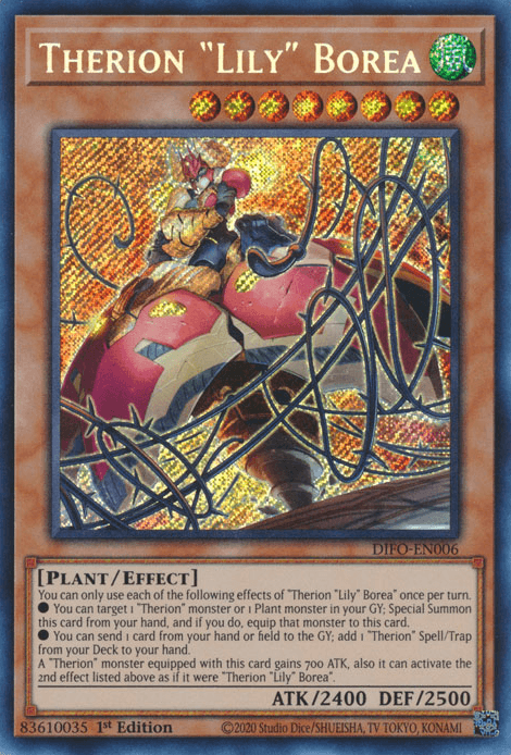 An image of the "Therion Lily Borea [DIFO-EN006] Secret Rare" Yu-Gi-Oh! trading card. Text at the bottom details its type (Plant/Effect Monster), abilities, ATK/DEF stats (2400/2500), card number (DIFO-EN006), and artwork credit. The Secret Rare artwork depicts a plant warrior with a mechanical arm amidst tangled vines.