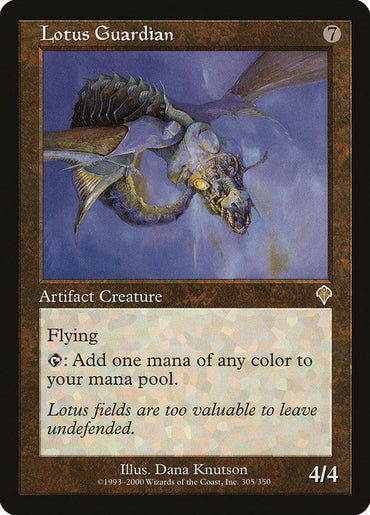 A Magic: The Gathering card named "**Lotus Guardian [Invasion]**." The card frame is black with a brown border and features a rare dragon-like creature with wings and a long tail. The text reads: "Artifact Creature - Flying. Add one mana of any color to your mana pool. 4/4." Art by Dana Knutson.
