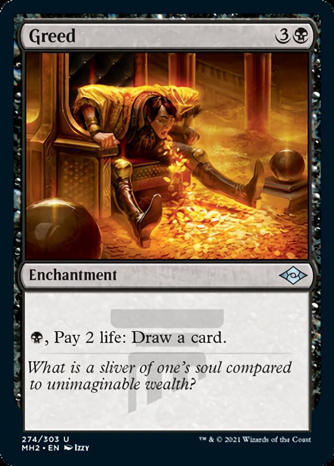 A Magic: The Gathering product named Greed [Modern Horizons 2] from Magic: The Gathering. It has a black border with a black and gray gradient background. The card's illustration shows a figure on a throne, surrounded by gold coins. As an Enchantment, it reads: 