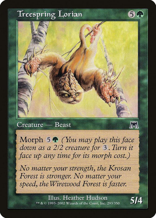 A "Magic: The Gathering" card titled "Treespring Lorian [Onslaught]" depicts a sloth-like Creature — Beast hanging from a branch. The card has a casting cost of five mana and one green, 5 power, and 4 toughness. Originating from the Onslaught set, it features the ability Morph and an accompanying flavor text detailing its lore.