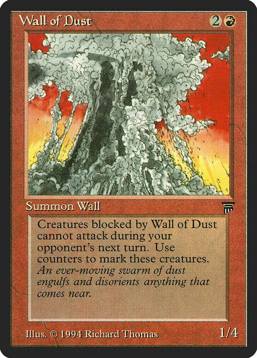 Magic: The Gathering card titled "Wall of Dust [Legends]." The card's background is red and features an illustration of a large, thick dust cloud billowing upwards against an orange sky. This legendary Wall creature has a power/toughness of 1/4 and was illustrated by Richard Thomas.