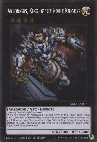 Image of a Yu-Gi-Oh! trading card titled Artorigus, King of the Noble Knights [NKRT-EN037] Platinum Rare. This Platinum Rare Xyz/Effect Monster features a dark-themed warrior in metallic armor, wielding a sword. Requiring 2 Level 4 'Noble Knights,' it boasts ATK/2000 DEF/2000. Card number: NKRT-EN037.