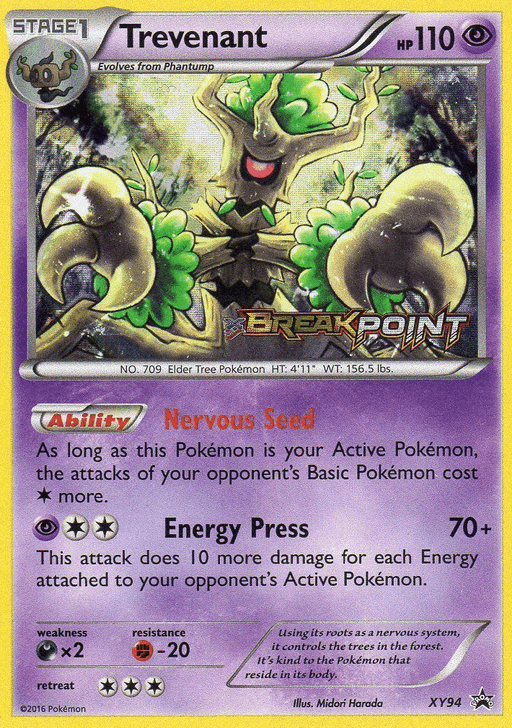 The image shows a Pokémon trading card featuring Trevenant, a Stage 1 Grass-type Pokémon. Trevenant has 110 HP and evolves from Phantump. The Trevenant (XY94) (Prerelease) [XY: Black Star Promos] card from the Pokémon brand has an ability called "Nervous Seed" and a move called "Energy Press" that deals damage based on the opponent's energies. It is a holo card with the set number XY94.