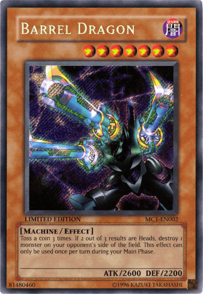 Yu-Gi-Oh! trading card titled **Barrel Dragon [MC1-EN002] Secret Rare**, a Secret Rare from Master Collection Volume 1, featuring a Machine-type, cannon-wielding metallic dragon. The card has 7 stars, is dark-attributed with stats ATK 2600 and DEF 2200. This Effect Monster involves tossing a coin three times to potentially destroy an opponent's monster.