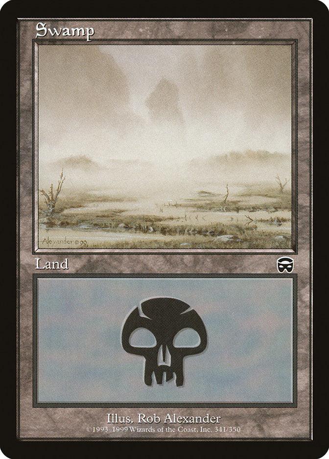 A Magic: The Gathering card named "Swamp (341) [Mercadian Masques]" from the Mercadian Masques set. The card features artwork of a misty, barren landscape with dead trees and murky water. Below the artwork, a black skull icon indicates its association with black mana. Artist Rob Alexander's name is listed at the bottom of this Basic Land.