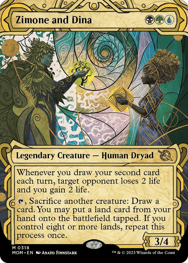 Illustrated Magic: The Gathering card titled "Zimone and Dina (Showcase Planar Booster Fun) [March of the Machine]." This mythic, legendary creature features Zimone on the left in blue attire wielding a staff, and Dina on the right in green with golden accents holding a glowing orb. Text details their abilities and stats. Copyright 2023.