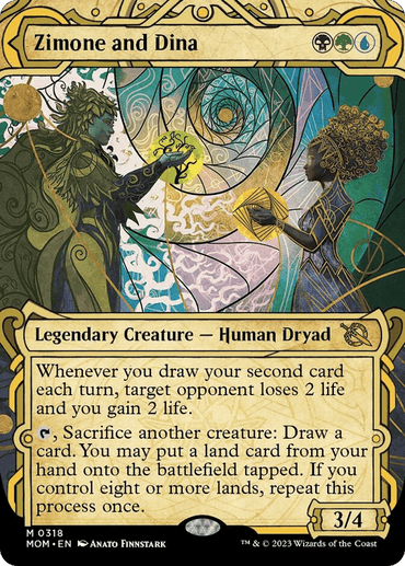 Illustrated Magic: The Gathering card titled "Zimone and Dina (Showcase Planar Booster Fun) [March of the Machine]." This mythic, legendary creature features Zimone on the left in blue attire wielding a staff, and Dina on the right in green with golden accents holding a glowing orb. Text details their abilities and stats. Copyright 2023.