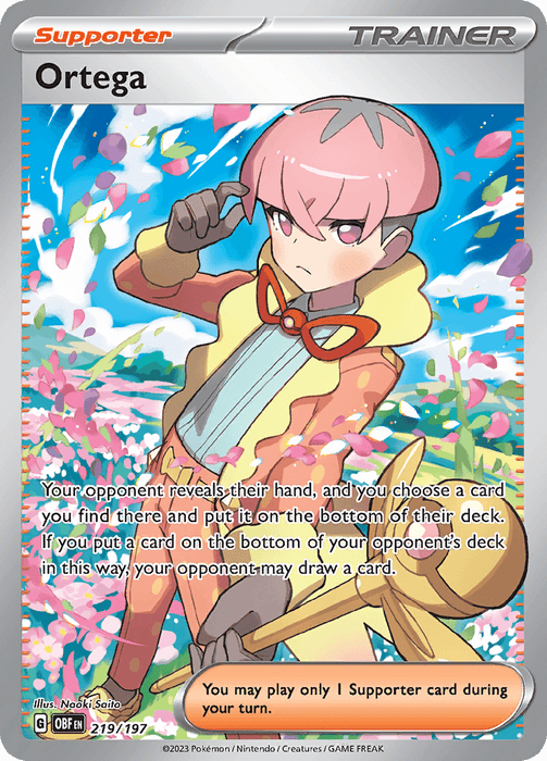 A Pokémon card featuring Ortega, a character with pink hair, wearing a yellow and red outfit with a large bow. He is striking a pose amid a background filled with pink and blue leaves. Part of the Scarlet & Violet series, this Ultra Rare Ortega (219/197) [Scarlet & Violet: Obsidian Flames] card reveals your opponent's hand, letting you choose a card to send to the bottom of their deck—if you do, they can draw one card.