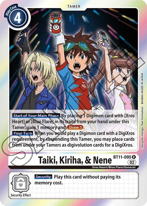 A Digimon trading card titled "Taiki, Kiriha, & Nene [BT11-095] [Dimensional Phase]" with a cost of 4. The illustration features three characters in dynamic poses against blue and gray digital patterns. Card text includes memory and drawing effects, with a security feature allowing free play. This is a Tamer card from Digimon.