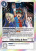 A Digimon trading card titled "Taiki, Kiriha, & Nene [BT11-095] [Dimensional Phase]" with a cost of 4. The illustration features three characters in dynamic poses against blue and gray digital patterns. Card text includes memory and drawing effects, with a security feature allowing free play. This is a Tamer card from Digimon.