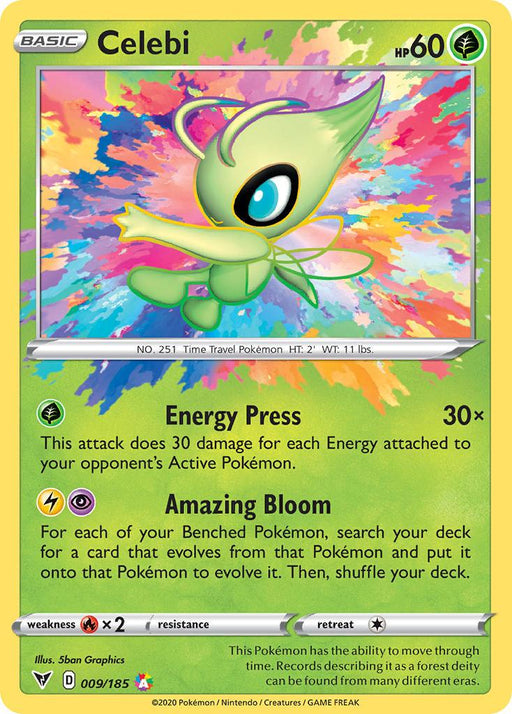 A Pokémon trading card featuring Celebi, a green, fairy-like creature with large blue eyes and leaf-like appendages. This Ultra Rare card, part of the Vivid Voltage set, has 60 HP and showcases two moves: "Energy Press" and "Amazing Bloom." The card's details and lore are placed at the bottom. It is numbered **Celebi (009/185) [Sword & Shield: Vivid Voltage]** from **Pokémon**.