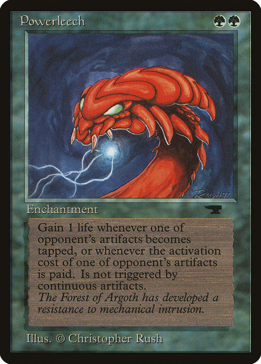 The image showcases the "Powerleech [Antiquities]" card from Magic: The Gathering. It features a green border with an illustration of a red serpent-like creature with an electric charge in its mouth against a dark blue background. The card text details its enchantment ability for gaining life through opponent's artifact activation.