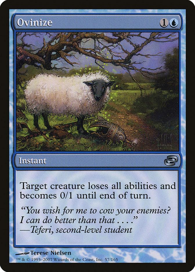 An Ovinize [Planar Chaos] card from the Magic: The Gathering brand showcases an instant spell requiring one blue and one colorless mana. The illustration depicts a sheep in a surreal, twisted forest, standing near discarded armor. The card text reads: 