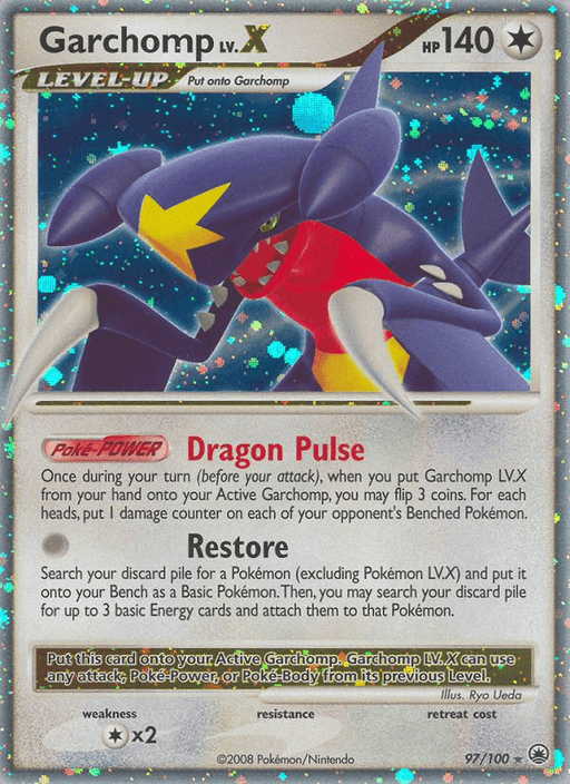 A Garchomp LV.X (97/100) [Diamond & Pearl: Majestic Dawn] from Pokémon featuring 140 HP. This Majestic Dawn card showcases the dragon-shark-like creature with abilities "Dragon Pulse" and "Restore," illustrated by Ryo Ueda. Card number 97/100 from 2008.