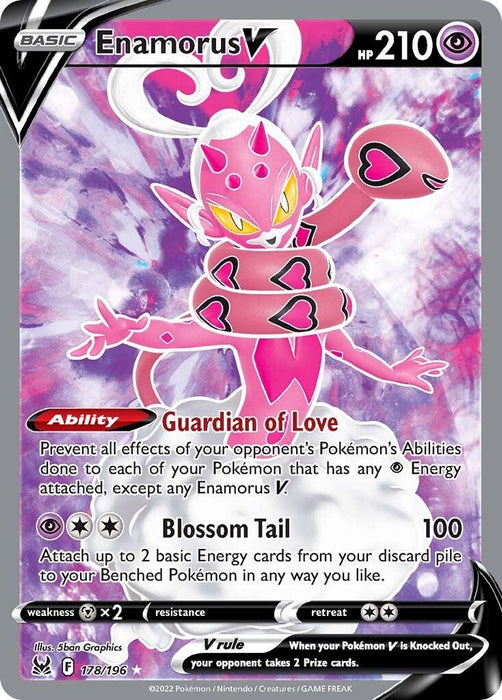 A Pokémon card titled "Enamorus V (178/196) [Sword & Shield: Lost Origin]" with 210 HP. The Ultra Rare card from Pokémon features Enamorus, a pink, serpent-like Pokémon with hearts on its body. Its abilities include "Guardian of Love", which neutralizes opponents' Pokémon abilities, and "Blossom Tail", which does 100 damage and retrieves 2 basic Energy cards.