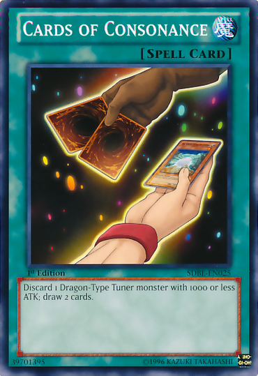 The Yu-Gi-Oh! Normal Spell card "Cards of Consonance [SDBE-EN025] Common" from a Structure Deck features artwork depicting a hand offering two Yu-Gi-Oh! cards to another hand that holds a single card. The card's effect reads: "Discard 1 Dragon-Type Tuner monster with 1000 or less ATK; draw 2 cards.