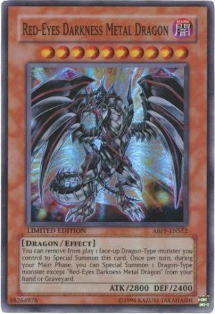 An image of the "Red-Eyes Darkness Metal Dragon [ABPF-ENSE2] Super Rare" Yu-Gi-Oh! card. The card features an illustration of a metallic, dragon-like creature with dark armor and red eyes. This Dragon-Type Effect Monster has stats of ATK/2800 and DEF/2400, and its detail text explains special summoning and effect abilities.