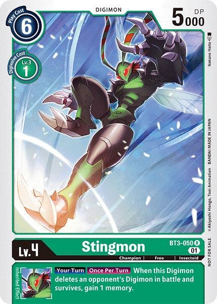 Introducing the Stingmon [BT3-050] card from the Winner Pack Double Diamond in the Release Special Booster Promos series by Digimon. This rare Digimon card features Stingmon, a green insect-like creature with sharp claws and wings. The card has a play cost of 6, an evolution cost of 1, is at Level 4, and boasts 5000 DP. Its special effect text reads: "Your Turn [Once Per Turn]: When this Digimon deletes an opponent's Digimon in battle and survives, gain 1 memory.