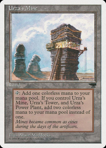 The fantasy card called "Urza's Mine (Sky Background) [Chronicles]" from Magic: The Gathering showcases a rugged rock formation with a wooden structure lodged inside. A mine cart track winds its way out, suggesting concealed treasures within. It is designed to synergize with "Urza's Power-Plant," enhancing its distinct mechanics and detailed flavor text. The card features a gray border.