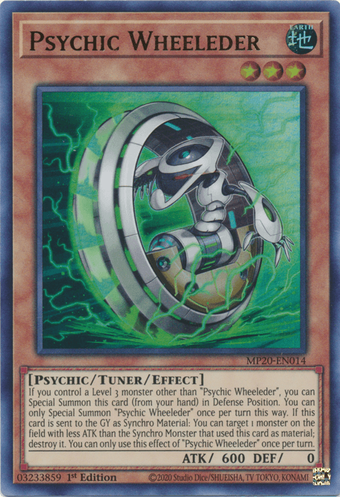 An Ultra Rare Yu-Gi-Oh! trading card titled "Psychic Wheeleder [MP20-EN014] Ultra Rare" showcases a futuristic, robotic creature in metallic armor with a wheel-shaped body and claws. The card has brown edges, with the Tuner/Effect Monster type displayed. Below the image are the stats: ATK 600 and DEF 0.