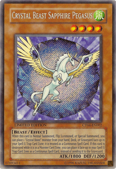 A Yu-Gi-Oh! trading card featuring "Crystal Beast Sapphire Pegasus [CT04-EN002] Secret Rare." The Secret Rare card shows a white pegasus with a vibrant blue mane and wings, flying over a sparkling crystal background. It’s labeled as "Limited Edition" and includes the stats ATK/1800 and DEF/1200, along with detailed effect text.