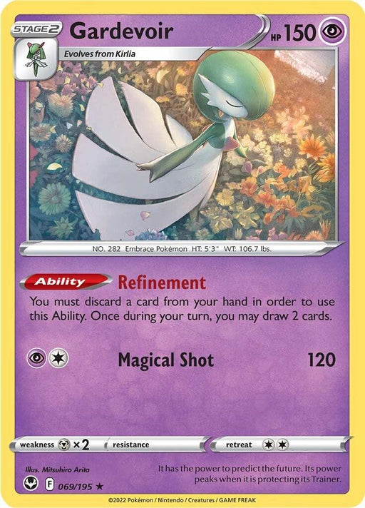 A Pokémon trading card from the Sword & Shield series featuring Gardevoir (069/195) [Sword & Shield: Silver Tempest]. This Psychic-type, graceful green and white Pokémon has a flowing gown-like lower body. The Silver Tempest card boasts 150 HP and two actions: Refinement (discard a card to draw 2 cards) and Magical Shot (120 damage). It evolves from Kirlia.