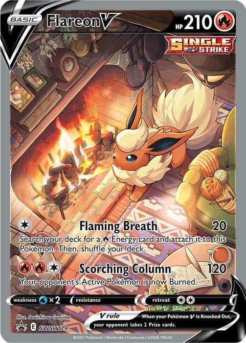 A Pokémon card featuring Flareon V (SWSH179) [Sword & Shield: Black Star Promos] by Pokémon with 210 HP. It is a Single Strike card with the moves Flaming Breath (20 damage) and Scorching Column (120 damage). The image shows Fire-type Flareon in a cozy indoor setting with a fireplace, pots, and utensils. The card has a weakness to Water, a retreat cost.