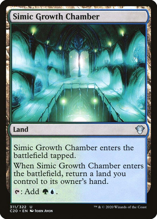 The Magic: The Gathering card, Simic Growth Chamber [Commander 2020], showcases a mystical, glowing blue and green underground chamber with crystalline structures. This land card enters the battlefield tapped and can add {G}{U} to your mana pool when tapped.