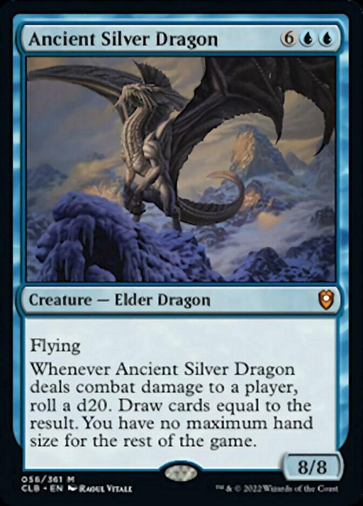 A Magic: The Gathering card named "Ancient Silver Dragon [Commander Legends: Battle for Baldur's Gate]" from Magic: The Gathering has a casting cost of 6 generic and 2 blue mana. This 8/8 Elder Dragon creature with flying allows drawing cards equal to a d20 roll when it deals combat damage. Its illustration depicts a majestic silver dragon in flight.