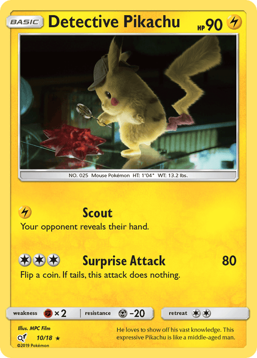 A Detective Pikachu (10/18) [Sun & Moon: Detective Pikachu] Pokémon card with 90 HP. The Holo Rare card depicts Pikachu in a detective hat examining a magnifying glass under a spotlight in a dimly lit alley. The moves listed are "Scout" and "Surprise Attack." The card text notes Pikachu is like a middle-aged man. It is card 10/18.