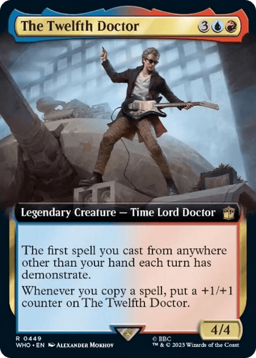 A Magic: The Gathering card featuring The Twelfth Doctor (Extended Art) [Doctor Who]. He stands on a TARDIS console, holding a guitar. The card has a multicolored border (blue, red, and white). It reads: "Legendary Creature - Time Lord Doctor" with abilities related to casting and copying spells. Power/toughness is 4/4.