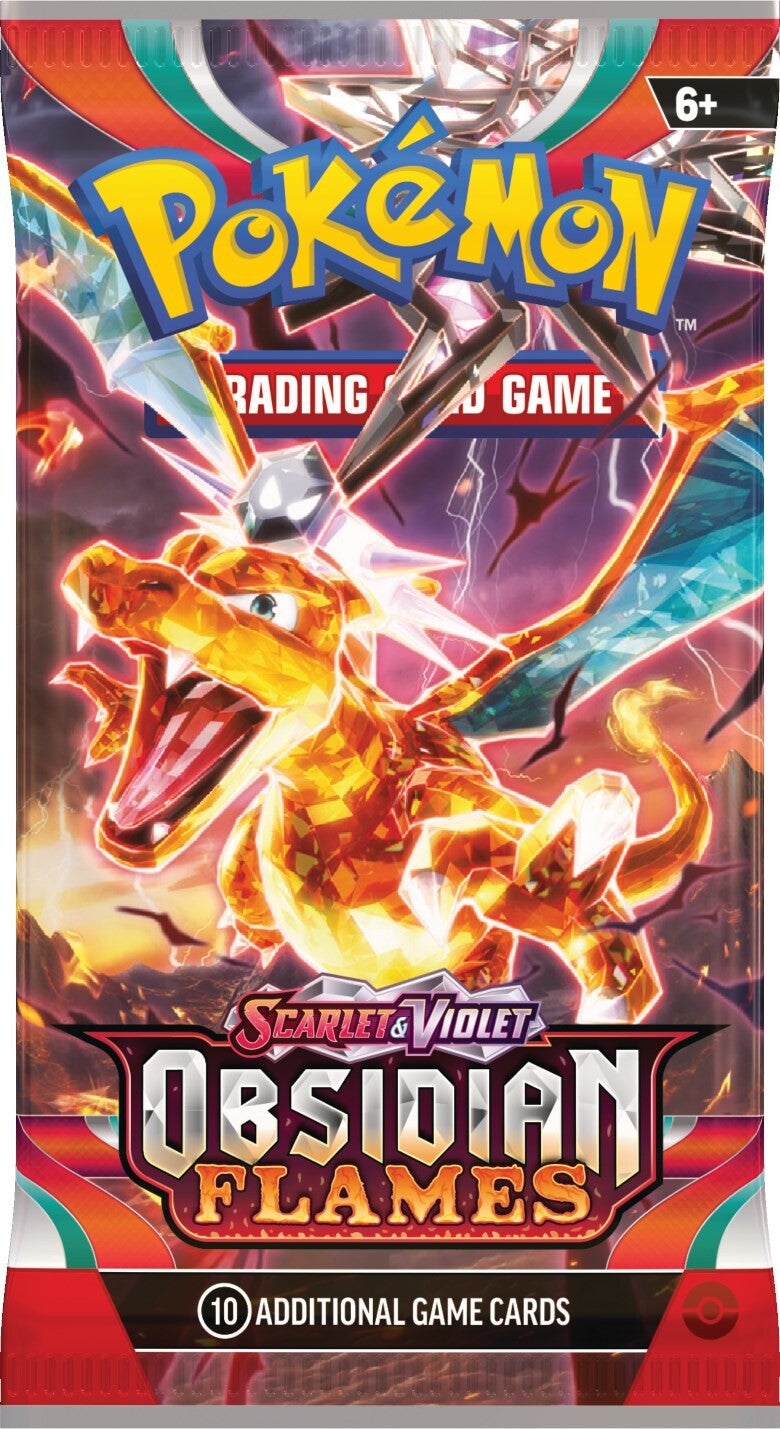 The image shows a Pokémon Scarlet & Violet: Obsidian Flames Booster Pack with a vibrant, crystal-like design featuring Charizard ex surrounded by flames. Suitable for ages 6+, it contains 10 additional game cards.