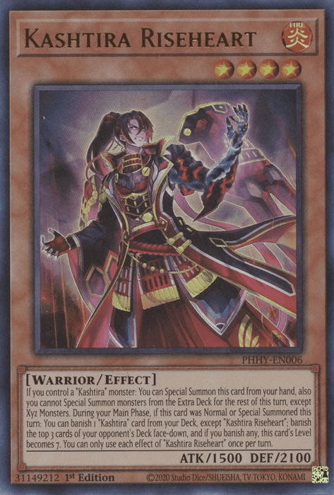 A "Kashtira Riseheart [PHHY-EN006] Ultra Rare" Yu-Gi-Oh! trading card, part of the Photon Hypernova series, showcases a warrior character in ornate armor wielding a sword with a chain-like weapon. This Ultra Rare card is labeled "WARRIOR/EFFECT" with 1500 ATK and 2100 DEF, featuring special summon and banish effects.