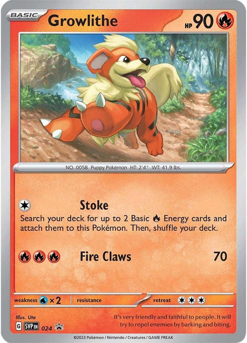 A Pokémon trading card showing Growlithe (024) [Scarlet & Violet: Black Star Promos], a fire-type Pokémon with 90 HP, from the Black Star Promos series. The image features an orange dog-like creature with black stripes, standing in a grassy area. Its moves are 'Stoke' and 'Fire Claws' (70 damage). The card details weight, height, resistance, and weakness.