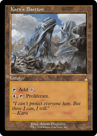 A Magic: The Gathering card titled "Karn's Bastion (Retro Frame) [Ravnica Remastered]." The card features artwork of a ruined, futuristic structure with technology and large stone formations. The structure is surrounded by debris. This rare card of type "Land" includes tap and proliferate abilities. Flavor text and art credit are present.