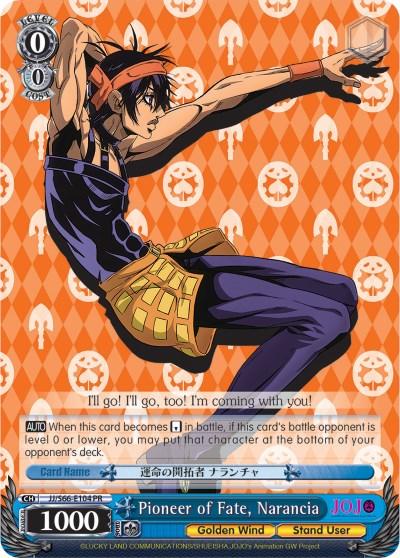 A trading card featuring Pioneer of Fate, Narancia (JJ/S66-E104 PR) [JoJo's Bizarre Adventure: Golden Wind] by Bushiroad, striking a dynamic pose. He wears a black outfit with purple accents and an orange bandana. The background has an orange and white skull pattern. This promo card includes his name, abilities, and stats: 0 cost and 1000 power.
