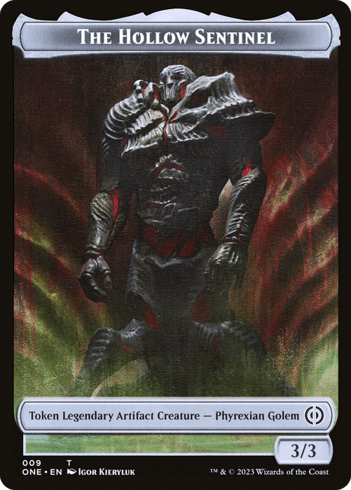 A Magic: The Gathering card titled "Phyrexian Mite (012) // The Hollow Sentinel Double-Sided Token [Phyrexia: All Will Be One Tokens]" depicts a dark, imposing golem creature with red accents and intricate armor. It has a power and toughness of 3/3. The card includes the description "Token Legendary Artifact Creature - Phyrexian Golem, Toxic 1" and is illustrated by Igor Kieryluk.