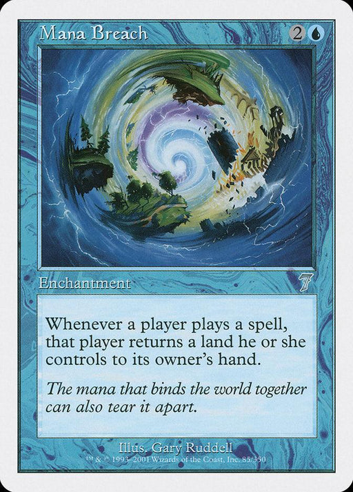 A Magic: The Gathering product "Mana Breach [Seventh Edition]." This uncommon enchantment has a blue border and features an illustration of a swirling vortex with glowing energy and floating objects. The text reads: "Whenever a player plays a spell, that player returns a land he or she controls to its owner’s hand.