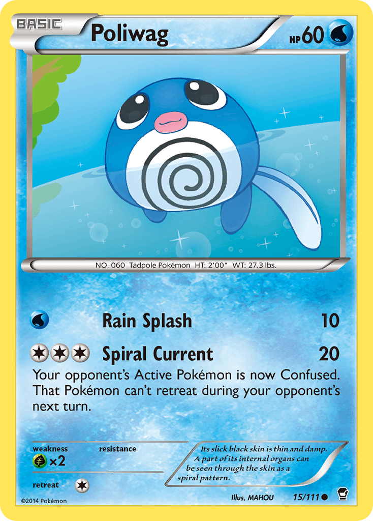 The image shows a Pokémon card of Poliwag from the XY: Furious Fists series, identified as card 15/111. Poliwag is depicted in water, highlighting its blue swirled belly, white feet, and tail. The card features 60 HP and includes the attacks 