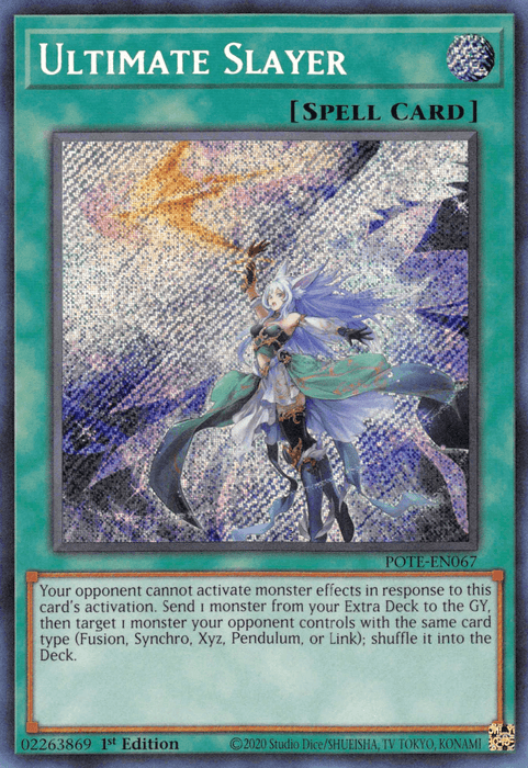 A Yu-Gi-Oh! trading card titled "Ultimate Slayer [POTE-EN067] Secret Rare" with the text "Normal Spell" beneath it. The artwork depicts a figure in white and blue flowing garments, wielding a green glowing sword. The card's text details its effects. As a Secret Rare from the Power of the Elements set, it bears the code "POTE-EN067" and "02263869".
