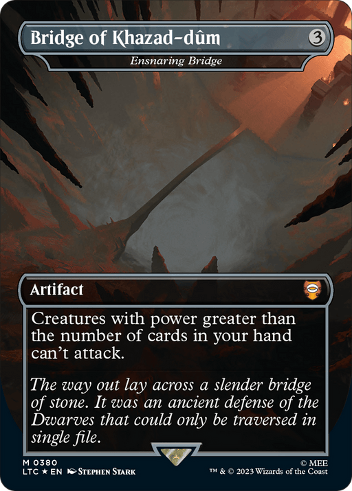 A Magic: The Gathering card titled "Bridge of Khazad-dum - Ensnaring Bridge (Surge Foil Realms and Relics) [The Lord of the Rings: Tales of Middle-Earth Commander]." It is an artifact card with the ability description, "Creatures with power greater than the number of cards in your hand can’t attack." The artwork depicts a narrow, rocky bridge spanning a deep chasm in a dark, fiery Middle-Earth Commander environment.