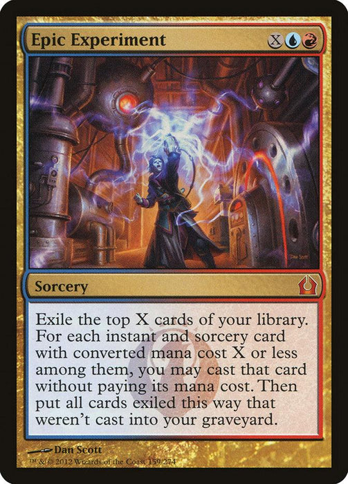 The Magic: The Gathering Epic Experiment [Return to Ravnica] features artwork of a dramatic scene with a figure casting a spell in a laboratory filled with elaborate machinery and glowing energy. This Mythic Sorcery involves exiling the top X cards of your library.