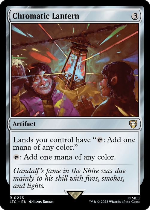 A Magic: The Gathering card titled "Chromatic Lantern [The Lord of the Rings: Tales of Middle-Earth Commander]," an artifact that depicts a scene with two characters, one holding a bright lantern with colorful lights. The card's text states: "Lands you control have 'Tap: Add one mana of any color.'" and "Tap: Add one mana of any color." This would fit seamlessly into "Tales of Middle-Earth Commander" decks inspired.