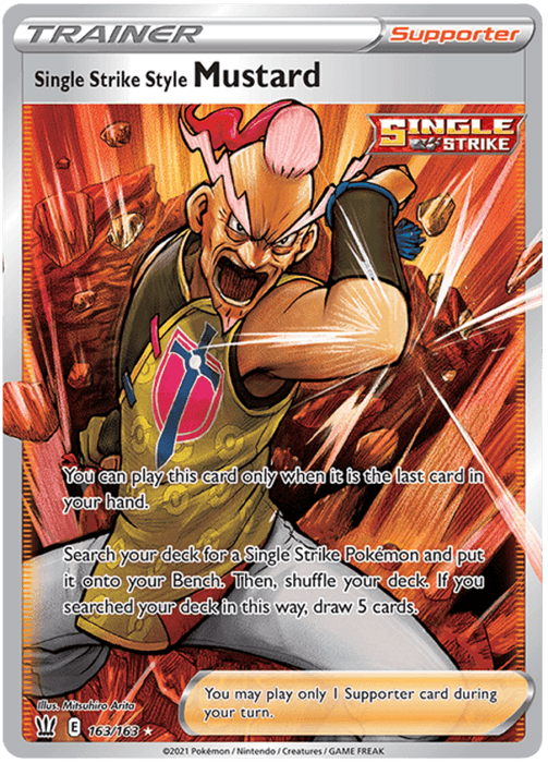 A Pokémon Single Strike Style Mustard (163/163) [Sword & Shield: Battle Styles] trading card featuring Trainer "Single Strike Style Mustard" from the Battle Styles expansion. The card shows Mustard in a dynamic action pose with clenched fists, a fierce expression, and comic-style impact lines. He wears a martial arts gi with a Single Strike logo. The text details his support abilities.