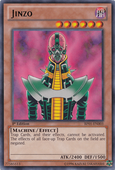 The image showcases a *Yu-Gi-Oh!* trading card featuring "Jinzo [BP01-EN003] Rare," a machine/effect monster. Jinzo has a humanoid appearance, bald head, green tubular eyes, and a metallic collar against a pink and purple gradient. The card text details its trap card negating abilities, boasting stats of ATK/2400 DEF/1500.