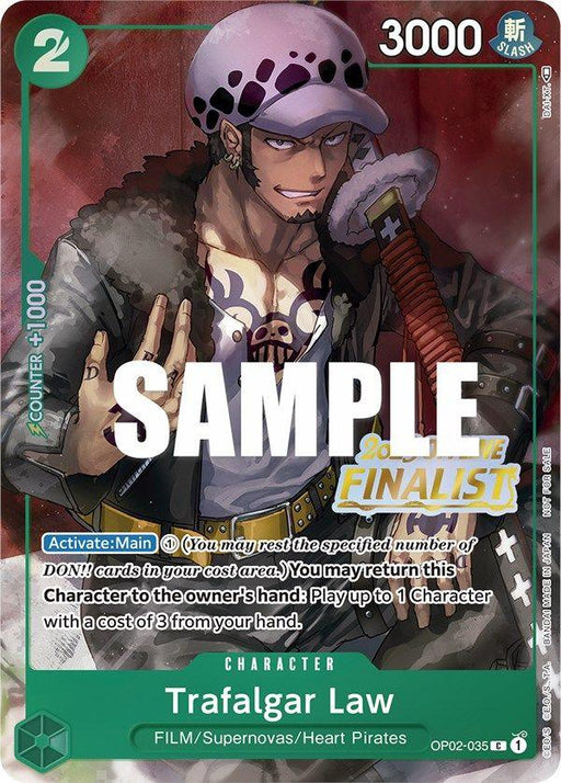 A trading card features Trafalgar Law, a character from One Piece. He’s in a confident pose with his right hand touching the brim of his hat. The promo card has green borders and provides gameplay information, showing his cost as 2 and power as 3000. "SAMPLE" and "FINALIST" overlays are present on the Bandai Trafalgar Law (Offline Regional 2023) [Finalist] [One Piece Promotion Cards].